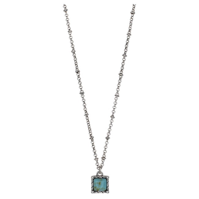 JUSTIN NECKLACE FRAMED SQUARE FAUX TURQUOISE ON SATURN CHAIN