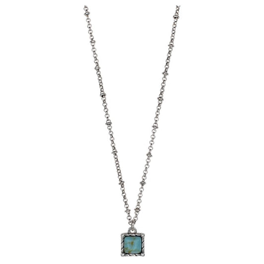 JUSTIN NECKLACE FRAMED SQUARE FAUX TURQUOISE ON SATURN CHAIN