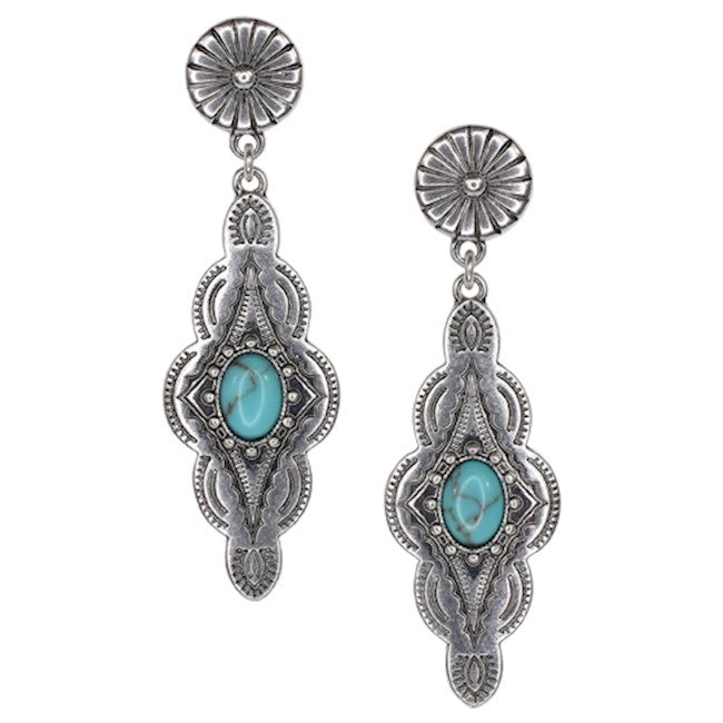 JUSTIN EARRING DROP DANLGE DIAMOND CONCHO WITH TURQUOISE COLORED STONE