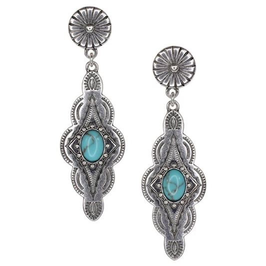 JUSTIN EARRING DROP DANLGE DIAMOND CONCHO WITH TURQUOISE COLORED STONE