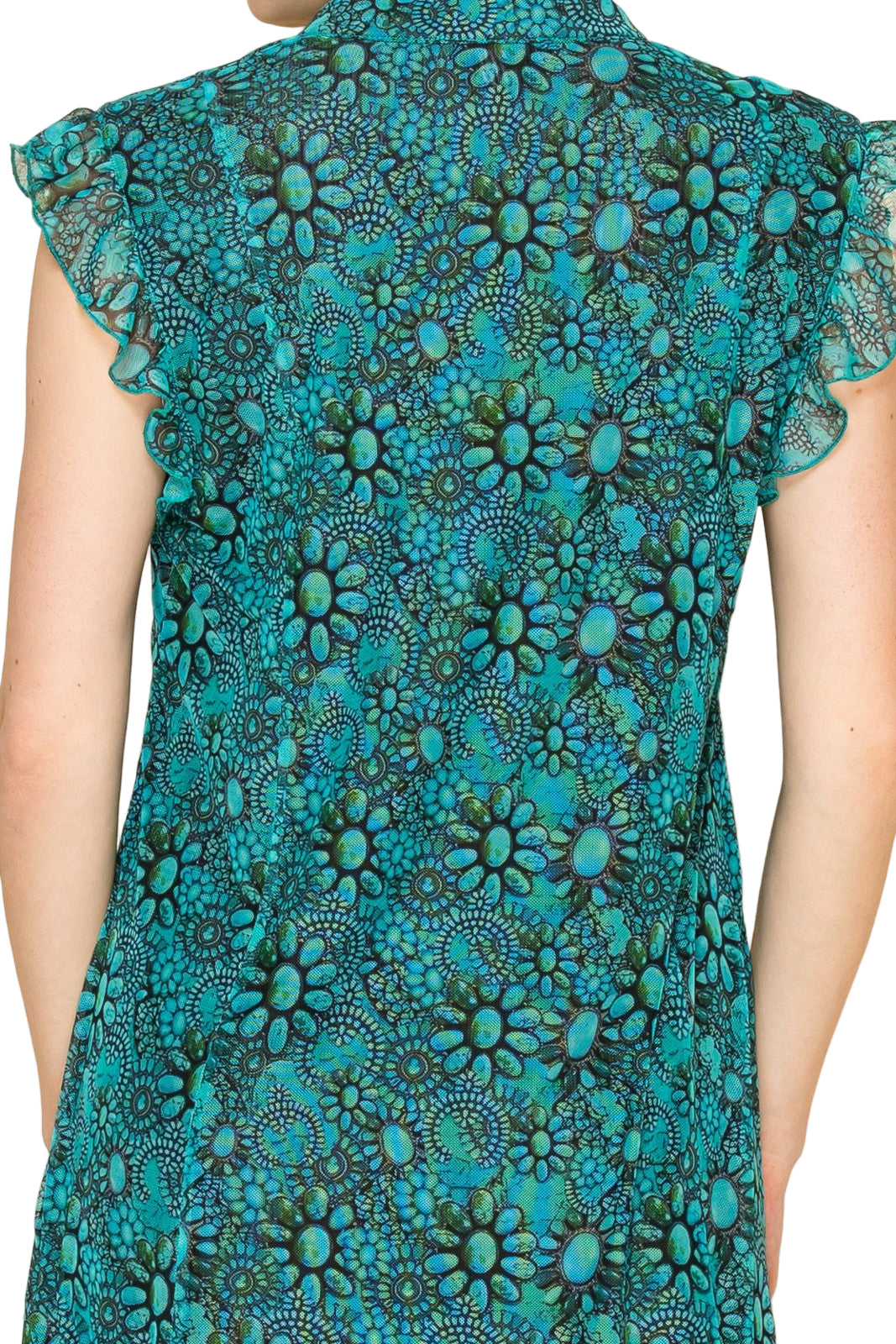TURQUOISE CONCHO PRINT SLEEVELESS MESH DRESS