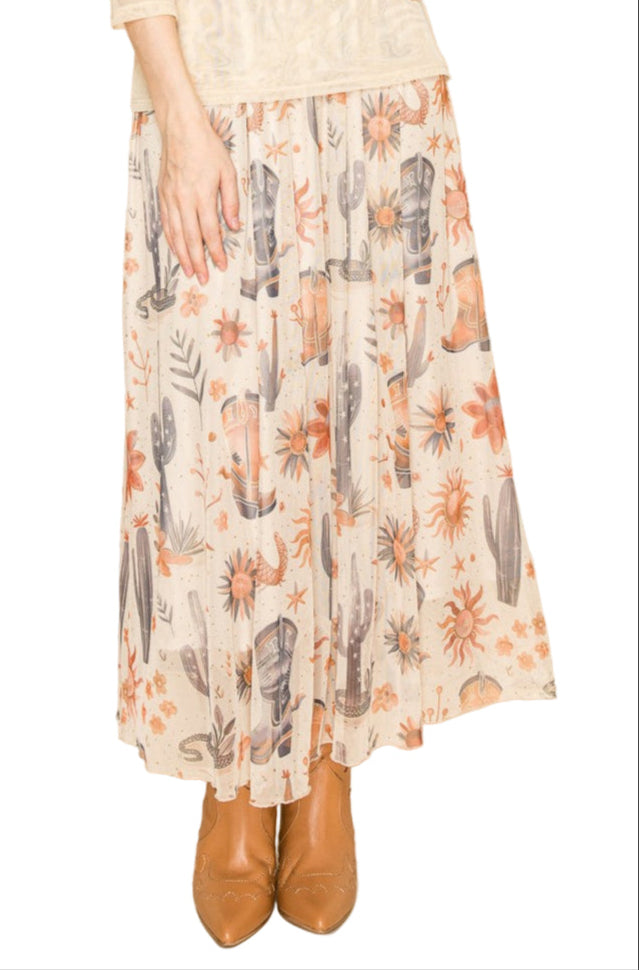 WESTERN PRINT MESH PULL-ON SKIRT-BOOTS N' CACTUS