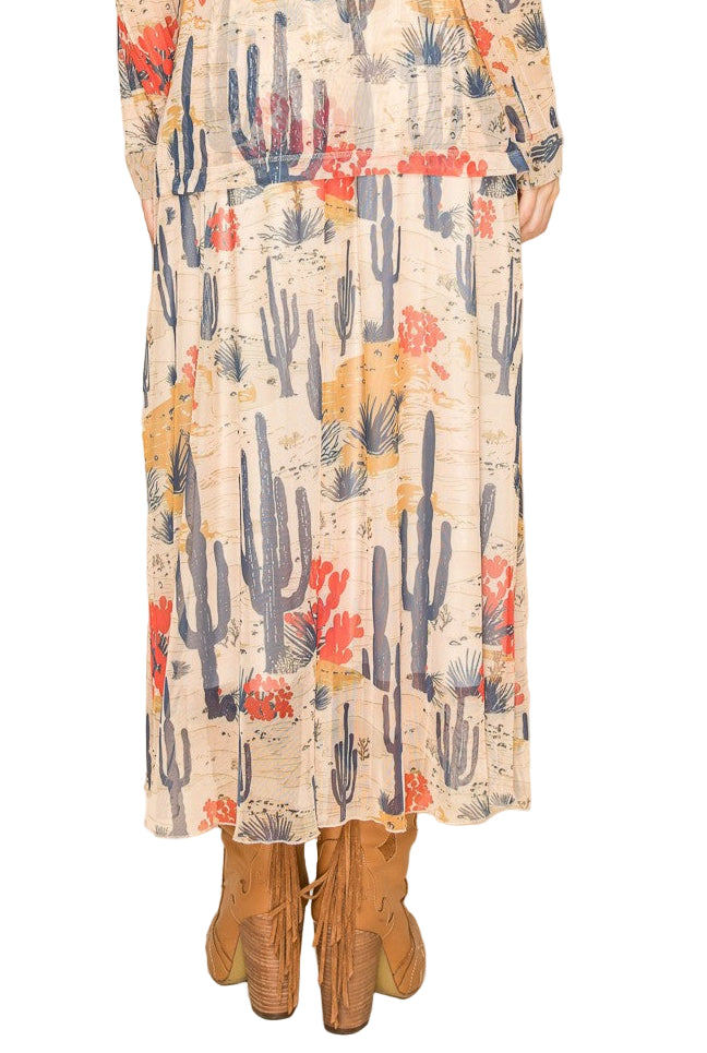 WESTERN PRINT MESH PULL-ON SKIRT - TAN/RUST CACTUS