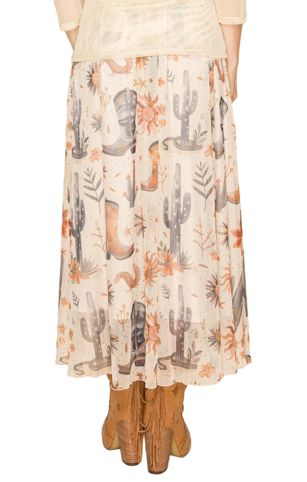 WESTERN PRINT MESH PULL-ON SKIRT-BOOTS N' CACTUS