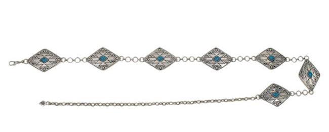 RED DIRT HAT CO LADIES CHAIN BELT ANTIQUE SILVER W/STONE AND DESIGN