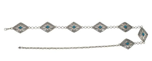 RED DIRT HAT CO LADIES CHAIN BELT ANTIQUE SILVER W/STONE AND DESIGN