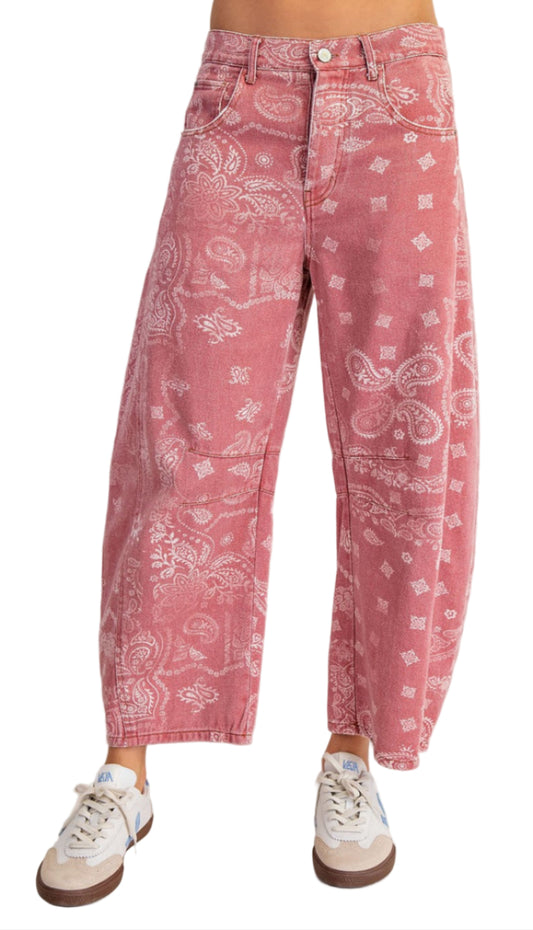 MINERAL WASHED PAISLEY PRINT BARREL JEANS in DUSTY ROSE
