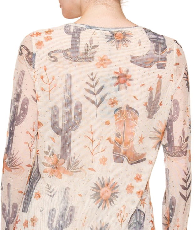 WESTERN PRINT MESH 3/4 SLEEVE TOP-BOOTS N' CACTUS