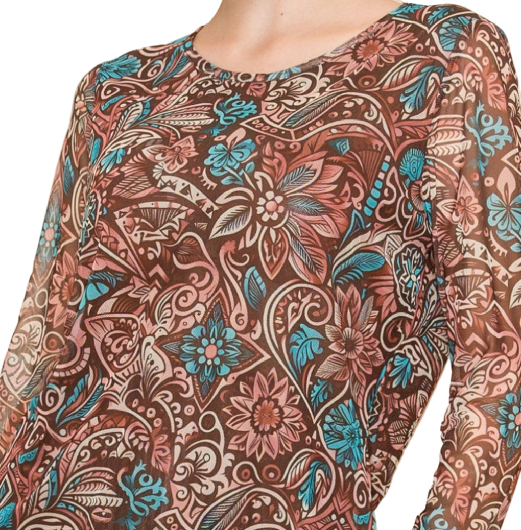 TURQUOISE AND BROWN WESTERN FLORAL PRINT 3/4 SLEEVE MESH TOP