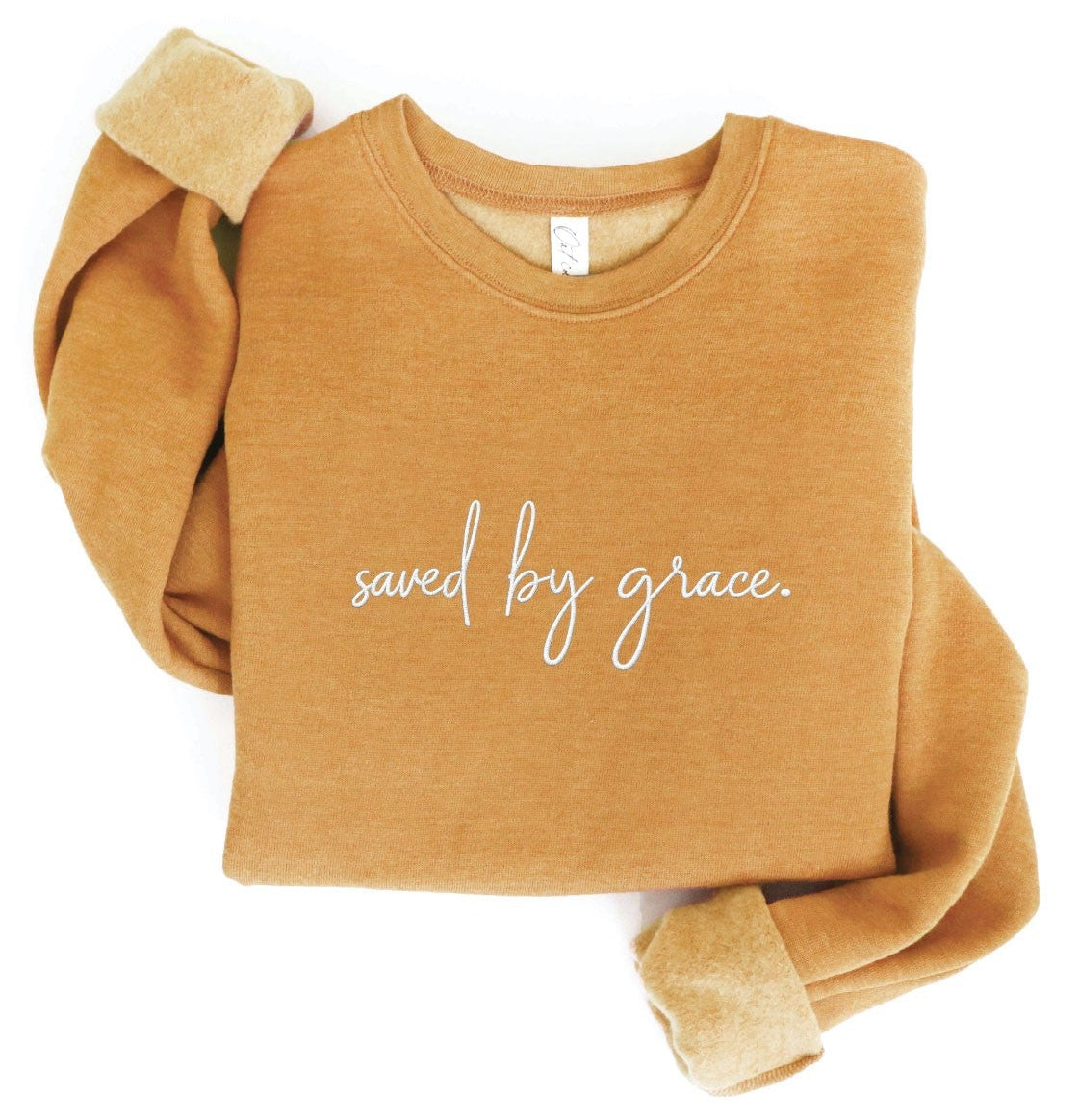 "SAVED BY GRACE" EMBROIDERED SWEATSHIRT in HEATHER SAGE or HEATHER MUSTARD