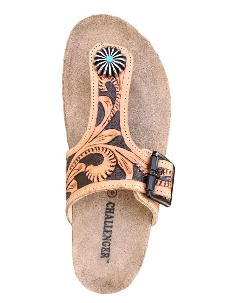 LADIES TOOLED LEATHER T-BAR CONCHO SANDALS