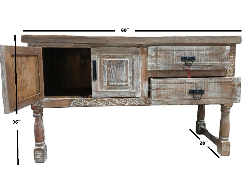 2 DOOR 2 DRAWER WHITEWASHED CARVED CONSOLE TABLE
