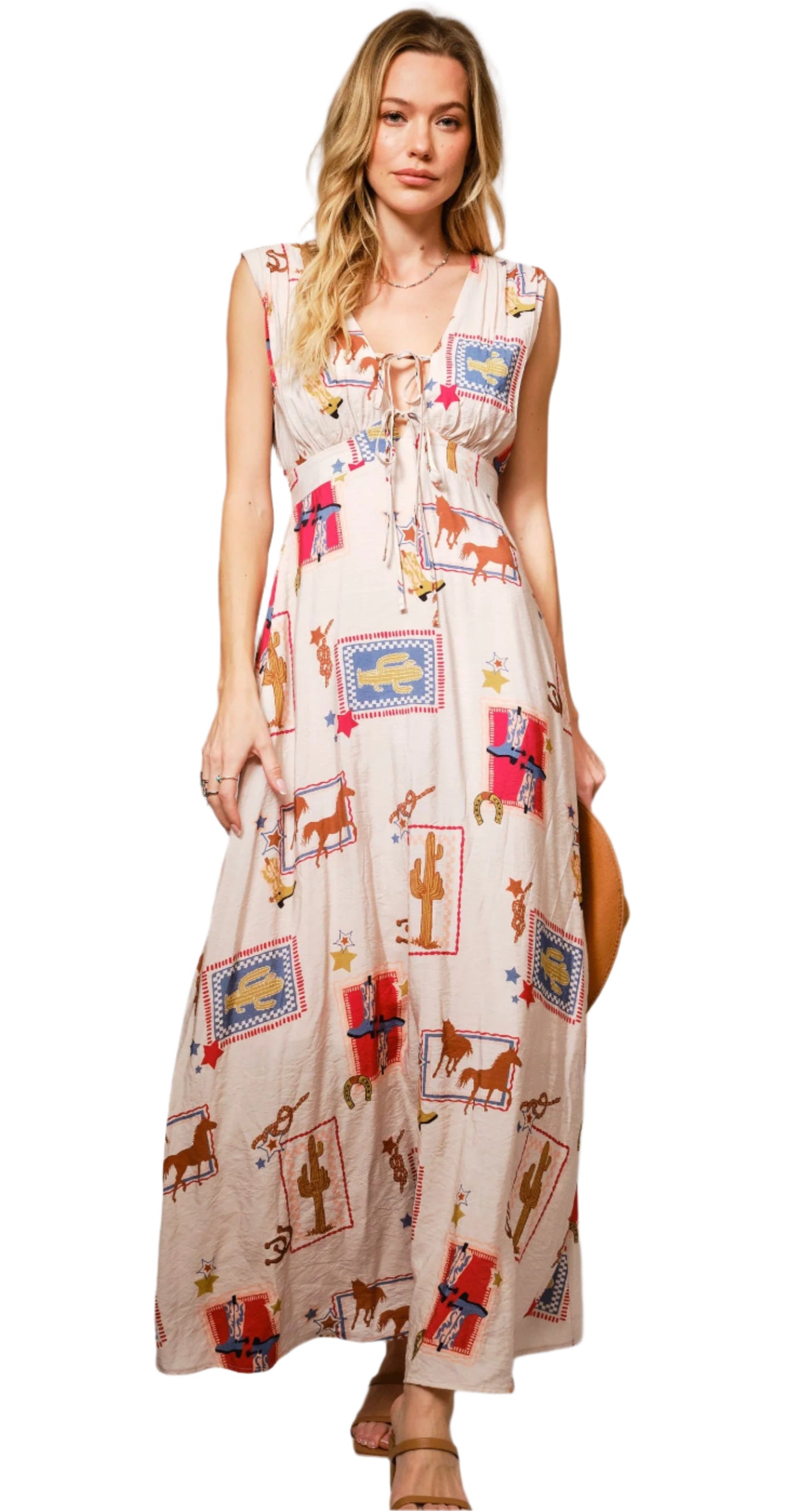 Women's Western Motif Tie-Front Maxi Dress - Blue B | Skip's L / TAN MULTI Women's Western Motif Tie-Front Maxi Dress - Blue B | Skip's L / TAN MULTI