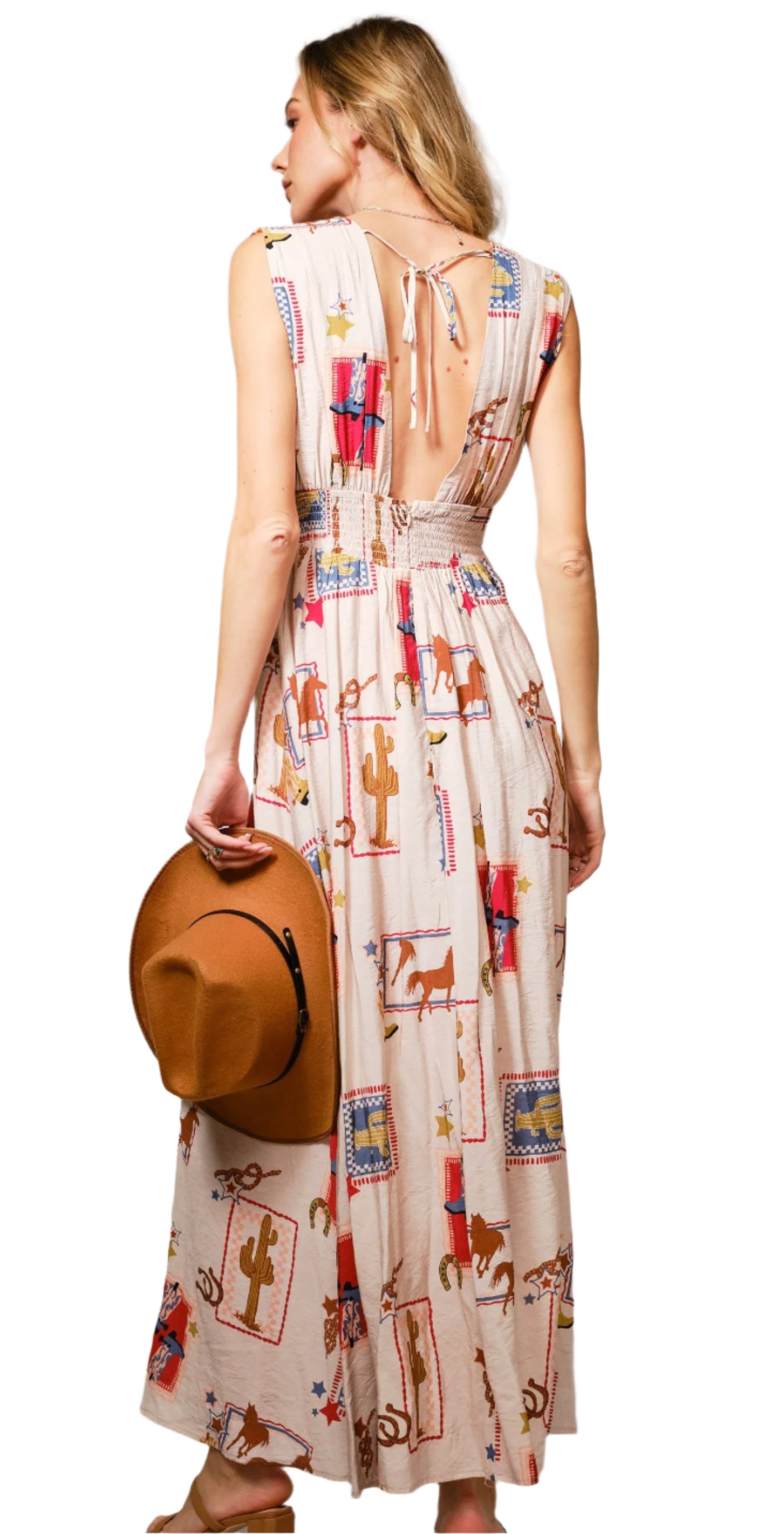 WESTERN PRINT TIE FRONT MAXI HALTER DRESS