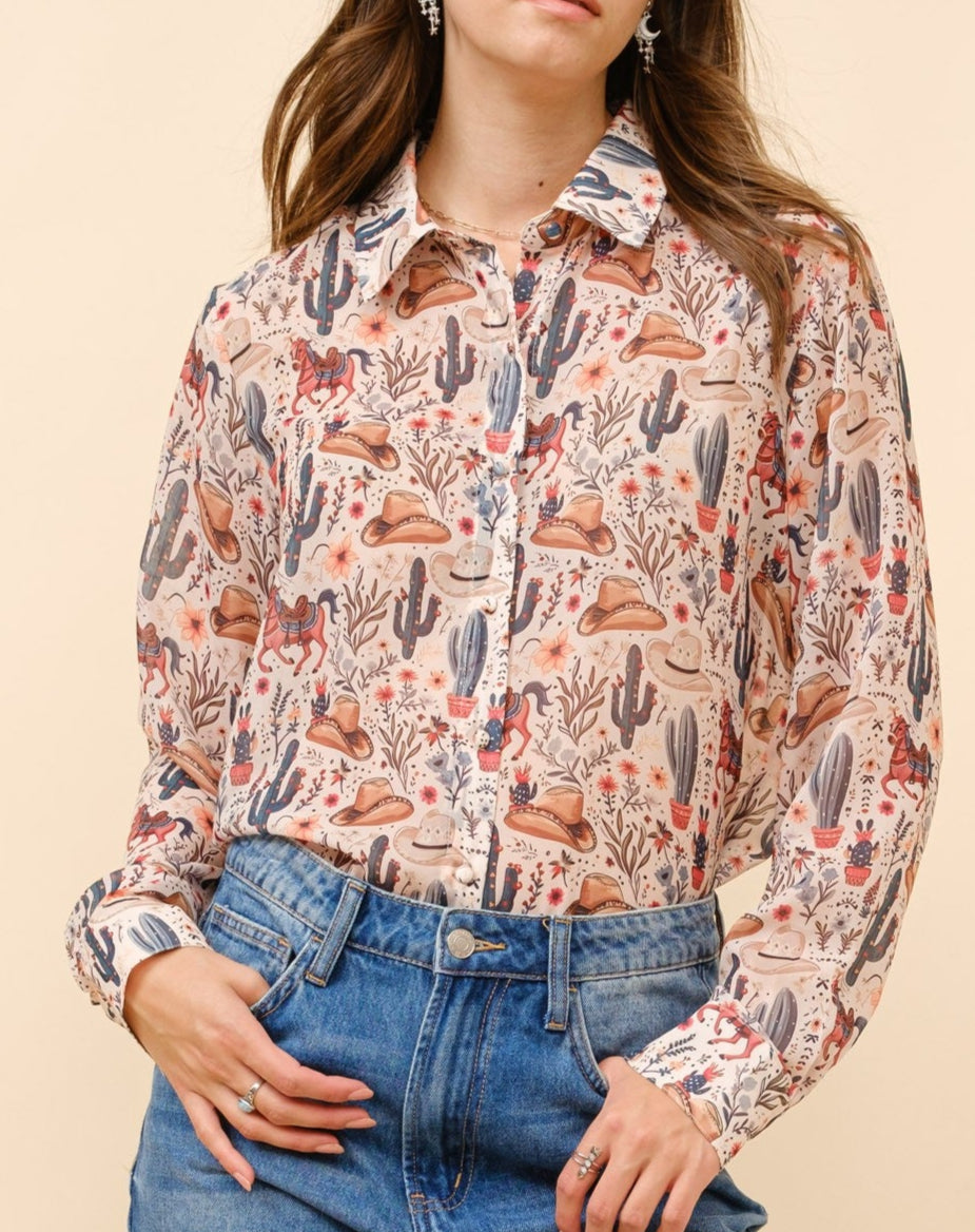 WESTERN PRINT CHIFFON BUTTON-UP BLOUSE