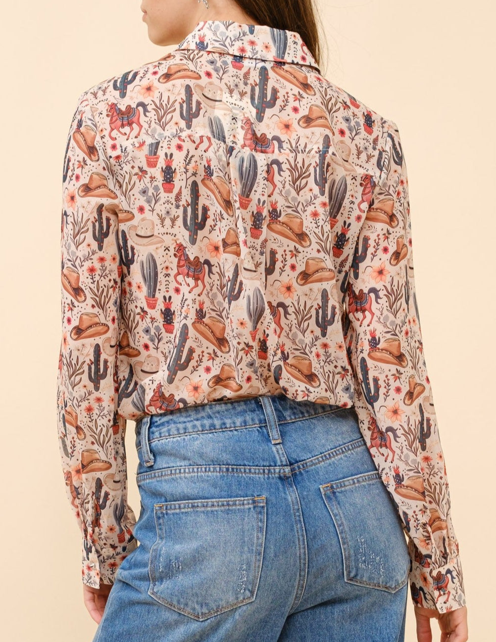 WESTERN PRINT CHIFFON BUTTON-UP BLOUSE