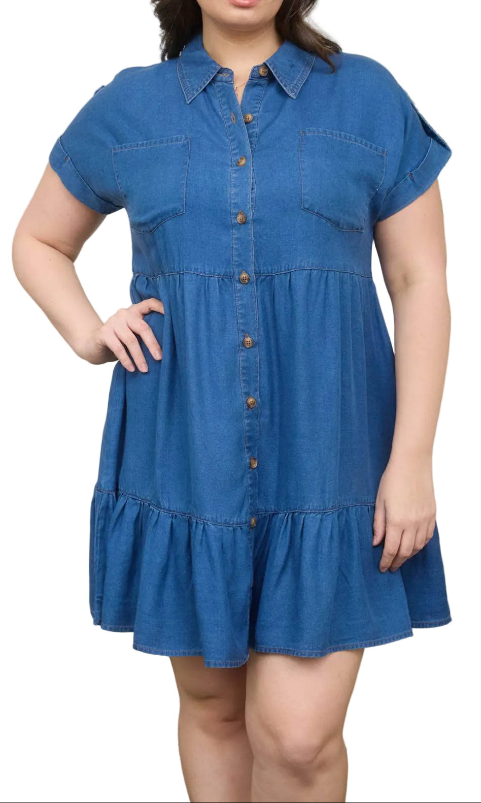 PLUS SIZE DARK CHAMBRAY RUFFLE HEM BUTTON DOWN SHIRT DRESS PLUS SIZE DARK CHAMBRAY RUFFLE HEM BUTTON DOWN SHIRT DRESS