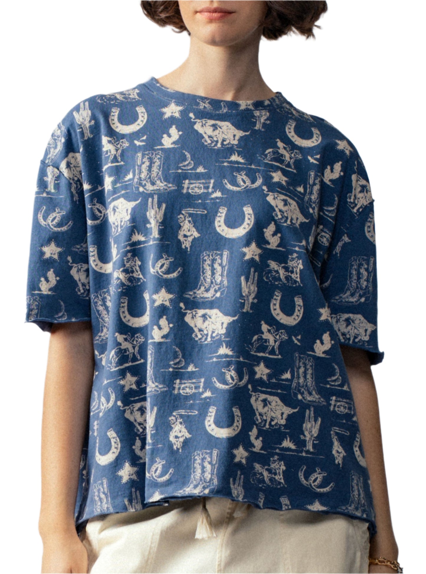 WESTERN GRAPHIC TOP WITH RODEO PRINT - BLUE