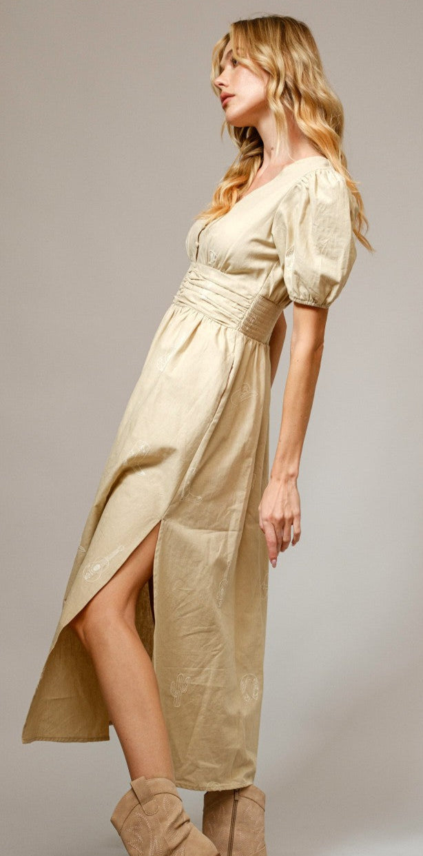 WESTERN EMBROIDERED PUFF SLEEVE MIDI DRESS in TAUPE