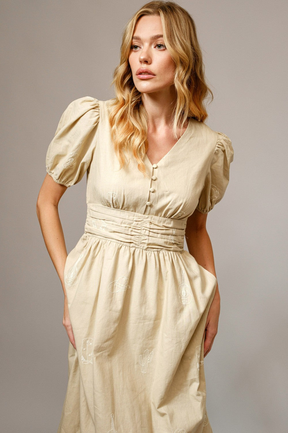 WESTERN EMBROIDERED PUFF SLEEVE MIDI DRESS in TAUPE