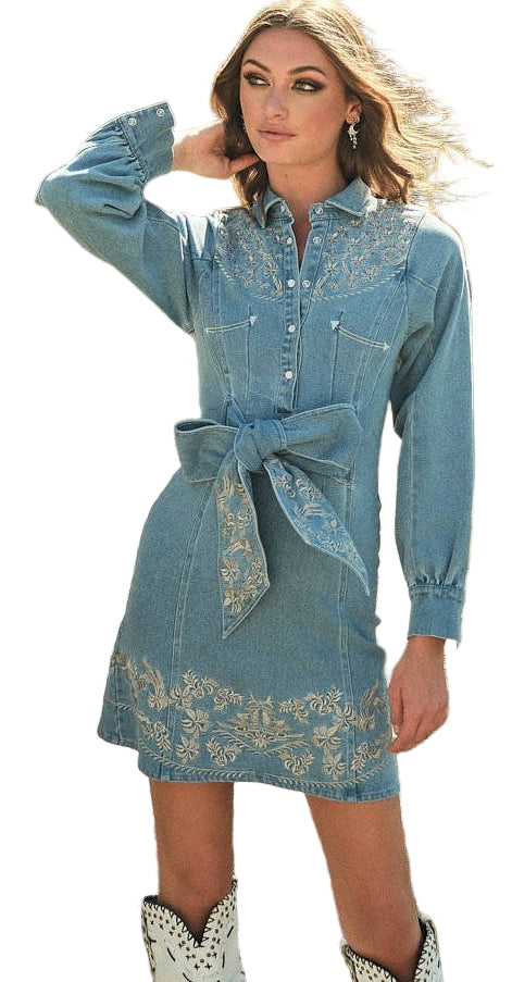EMBROIDERED SELF TIE MIDWASH DENIM DRESS