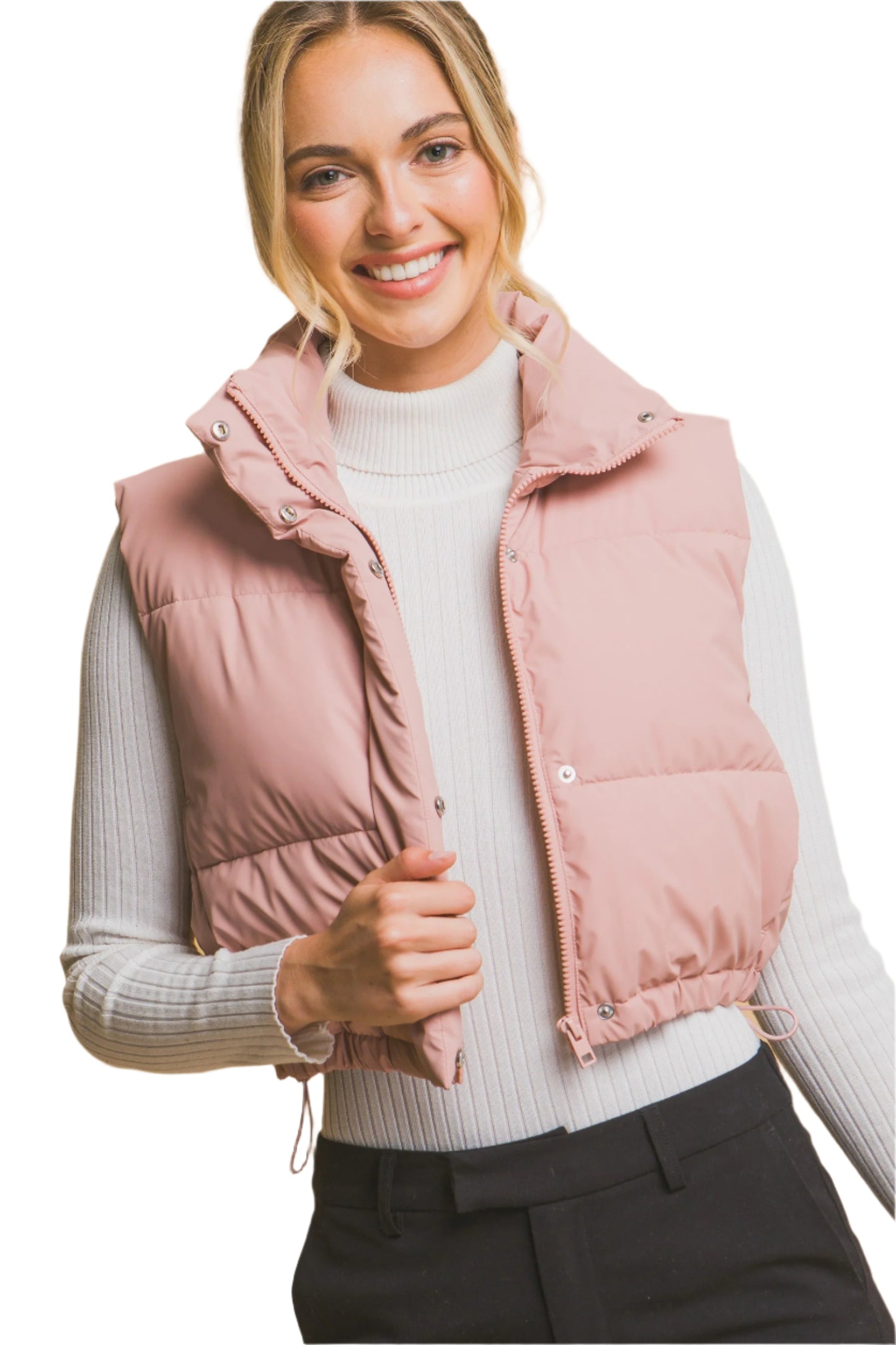 LADIES CROPPED PUFFER VEST in PINK or IVORY