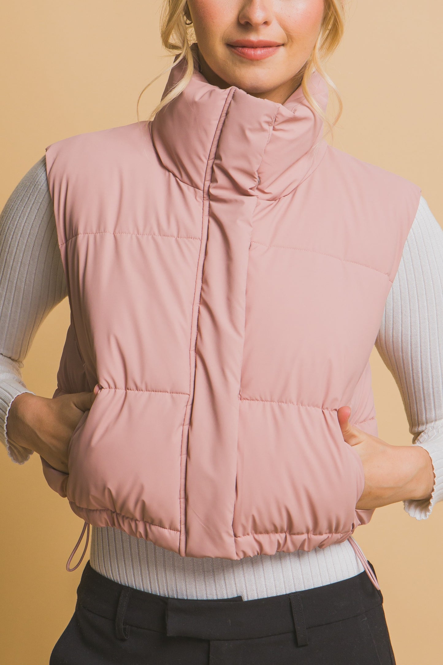 LADIES CROPPED PUFFER VEST in PINK or IVORY