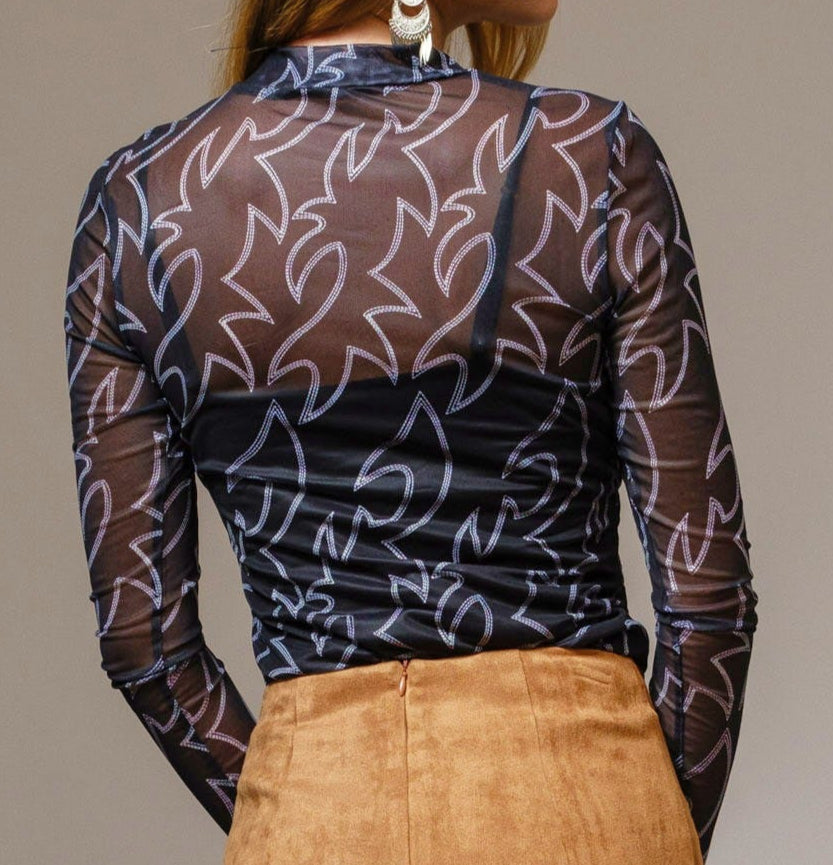 LONG SLEEVE MOCK NECK BOOT STITCH MESH TOP - BLACK