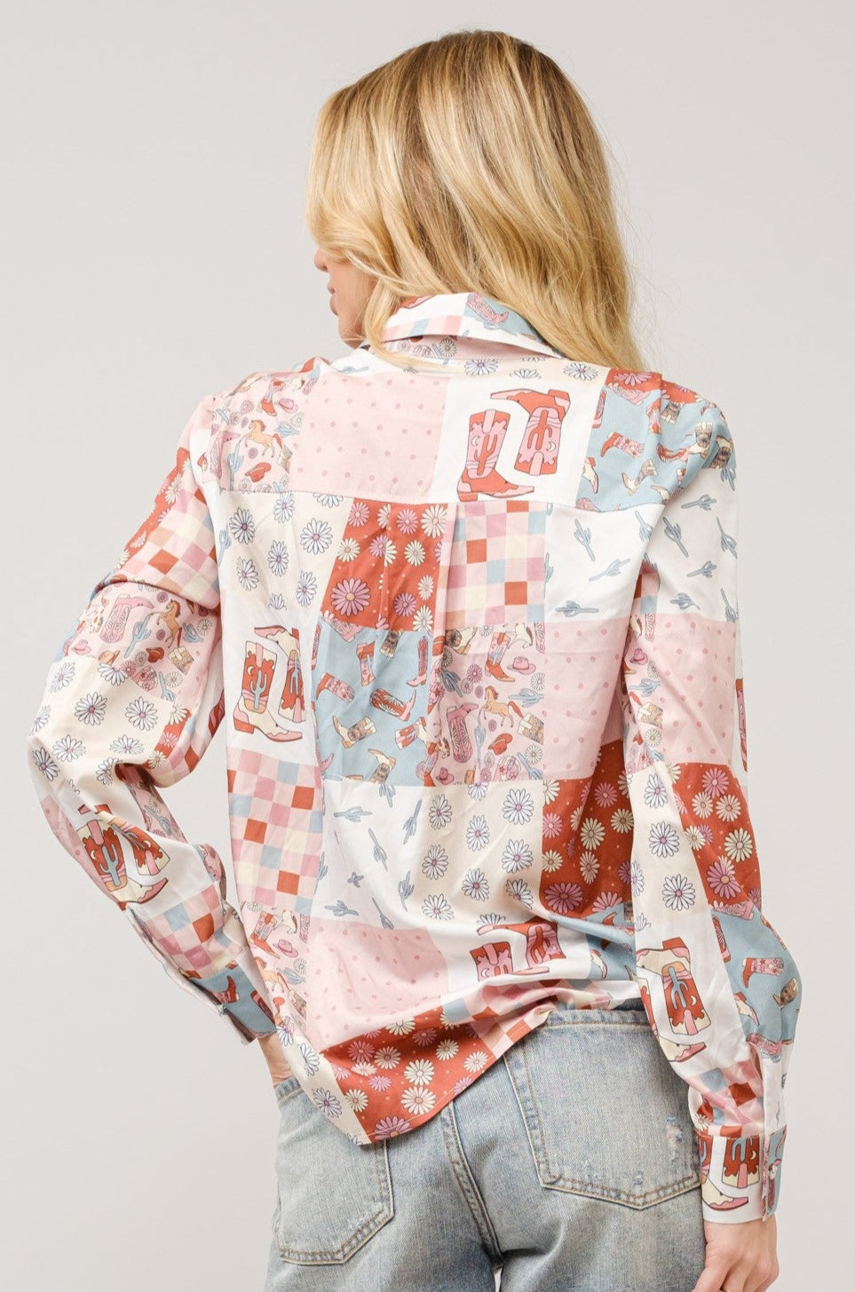 PATCHWORK FLOWER AND BOOT PRINT BUTTON-UP BLOUSE