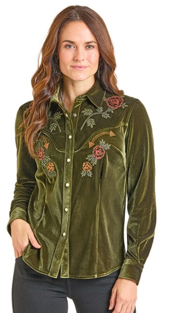 PANHANDLE SLIM WOMEN'S VELVET WESTERN EMBROIDERY SHIRT - MOSS GREEN