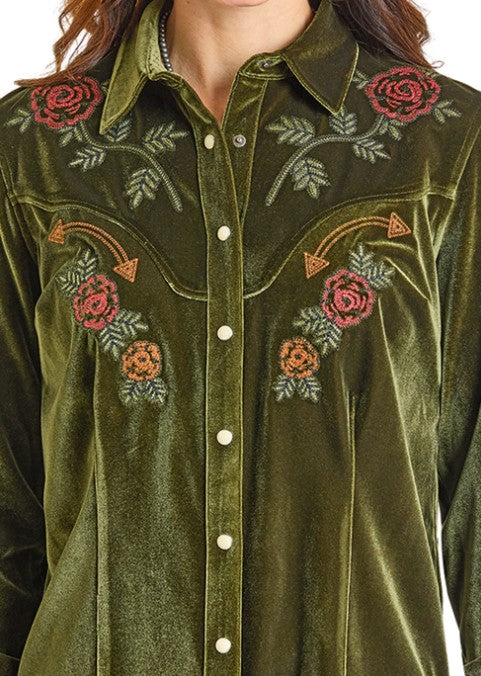 PANHANDLE SLIM WOMEN'S VELVET WESTERN EMBROIDERY SHIRT - MOSS GREEN