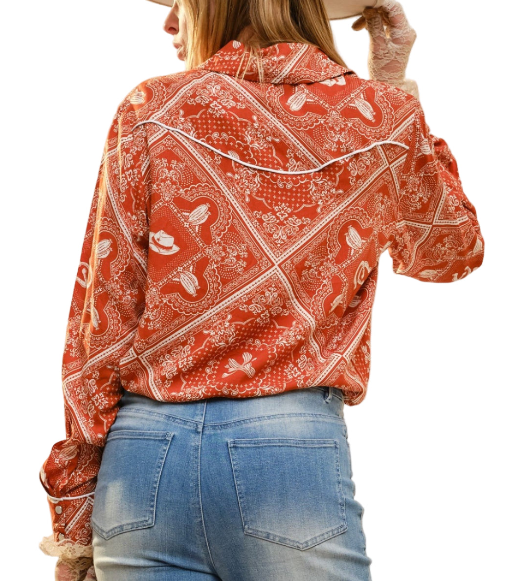 RUST/OFF WHITE WESTERN PRINT SNAP SHIRT