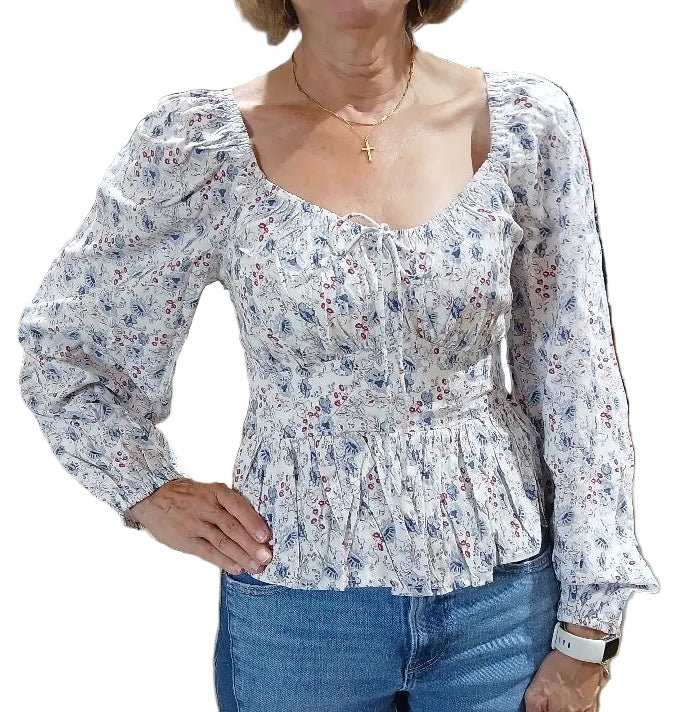 ROCK & ROLL DENIM FLORAL PEPLUM BLOUSE