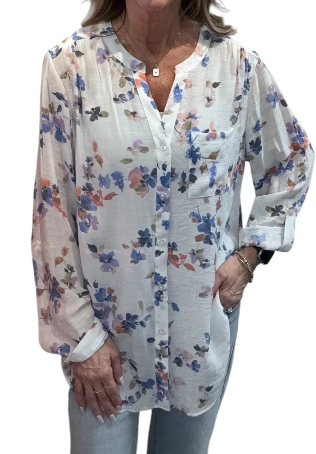 PLUS SIZE COCONUT MILK MULTI-COLOR LONG SLEEVE BLOUSE