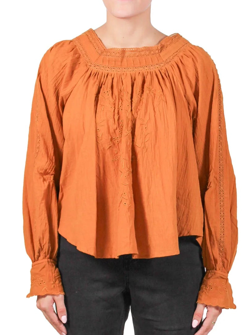 EMBROIDERED PEASANT SQUARE NECK BLOUSE in MUSTARD