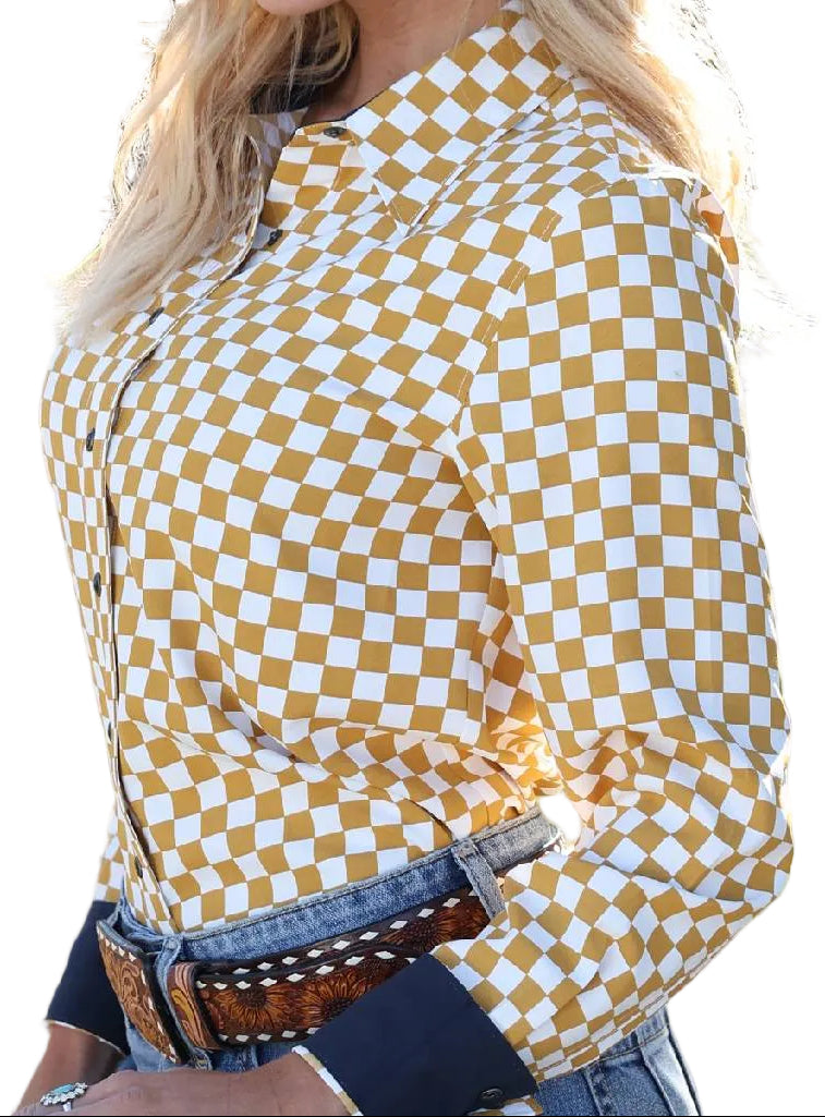 CRUEL DENIM WOMEN'S GOLD AND WHITE CHECK PEARL SNAP SHIRT