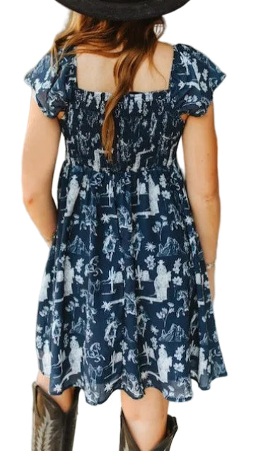 NAVY WESTERN PRINT FLUTTER SLEEVE SMOCKED MINI DRESS