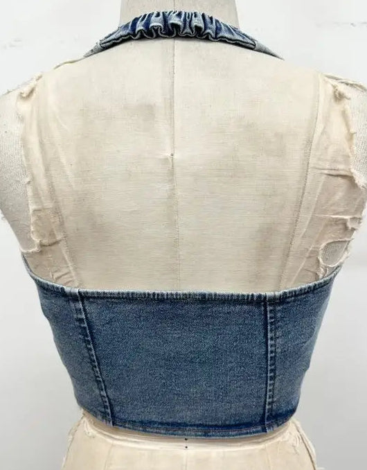 STRETCH DENIM ZIP UP HALTER TOP