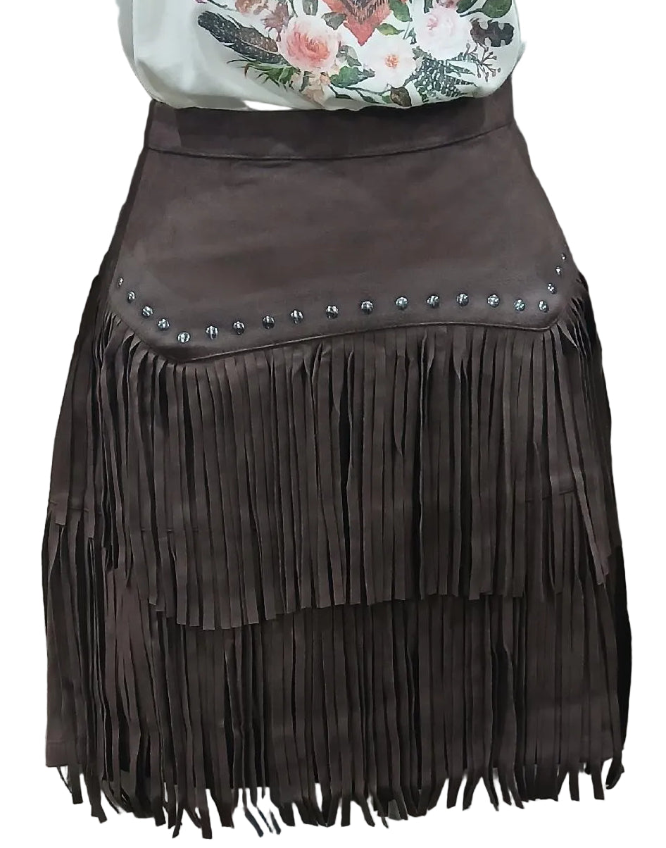 ROCK & ROLL WOMEN'S STUDDED FRINGE MICROSUEDE SKIRT in MOHOGANY