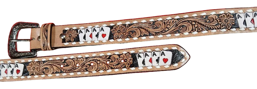 WESTERN FLORAL TOOLED 4 OF A KIND ACES LEATHER BELT