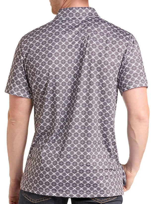 ROCK AND ROLL MEN'S WHITE MEDALLION PRINT LIGHT POLO