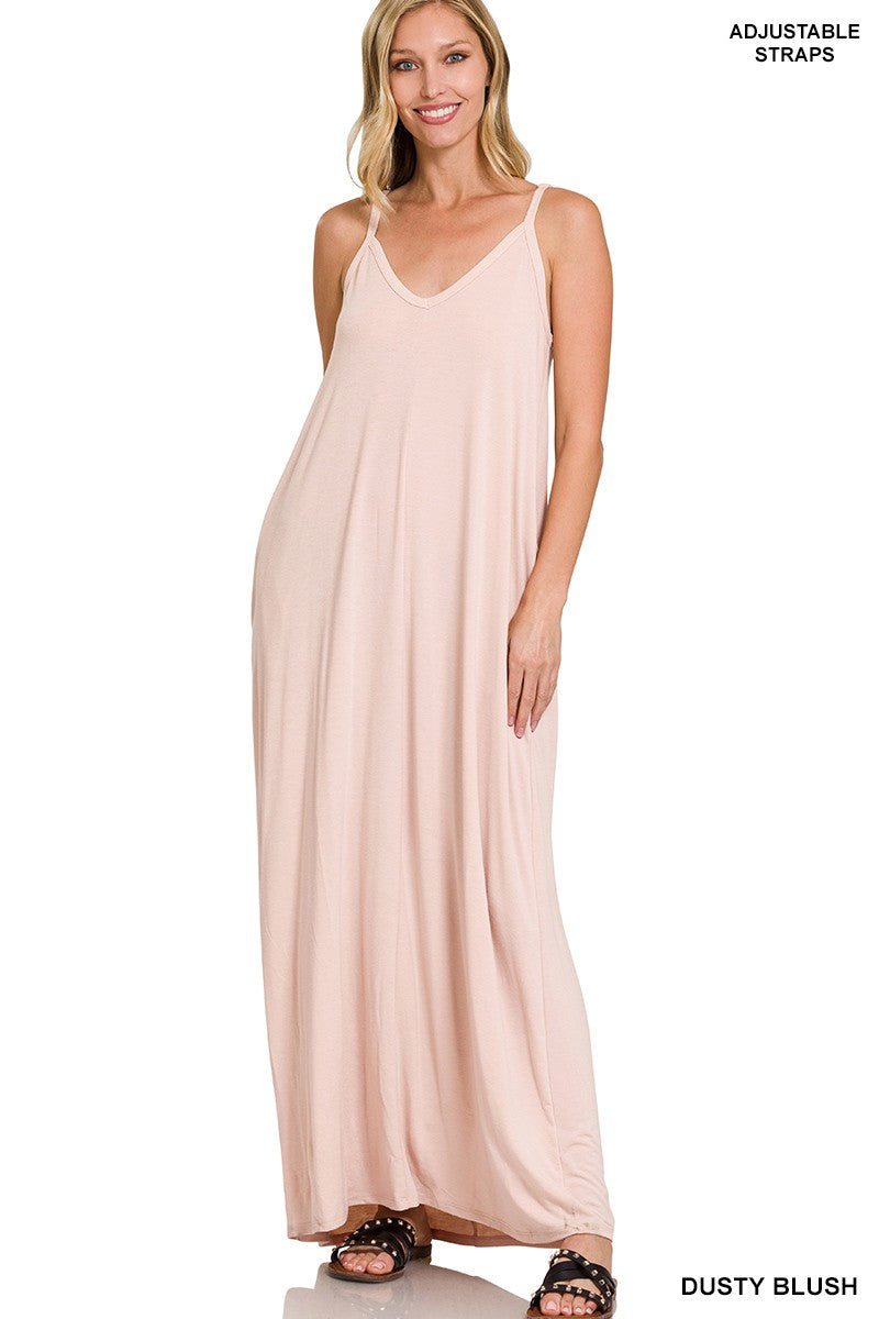 V NECK CAMI MAXI DRESS WITH SIDE POCKETS in DUSTY BLUSH