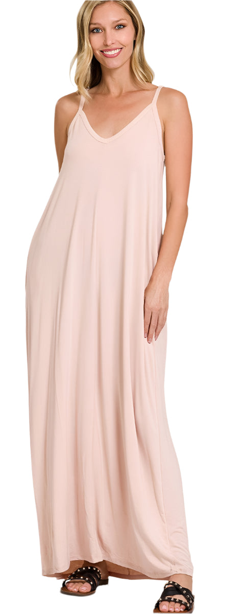 V-NECK CAMI MAXI DRESS WITH SIDE POCKETS in DUSTY BLUSH