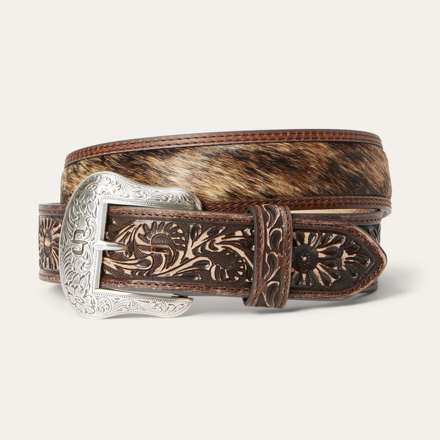 MEN'S STETSON TOOLED LEATHER TAB HAIR ON HIDE VINTAGE BROWN BELT