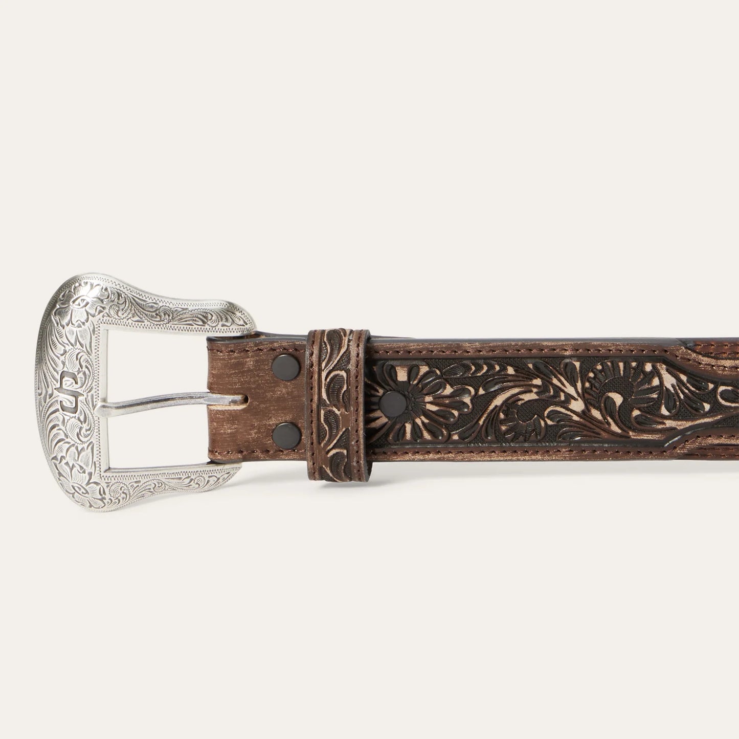 MEN'S STETSON TOOLED LEATHER TAB HAIR ON HIDE VINTAGE BROWN BELT