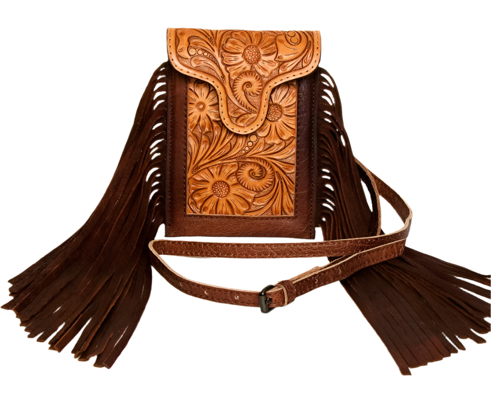 AMERICAN DARLING TOOLED LEATHER CROSSBODY WITH FRINGE