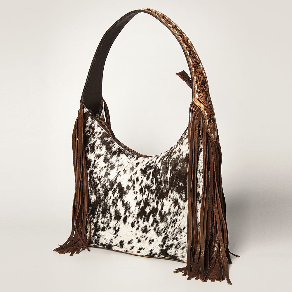 American Darling Cowhide & Leather Tooled Bag with Fringe