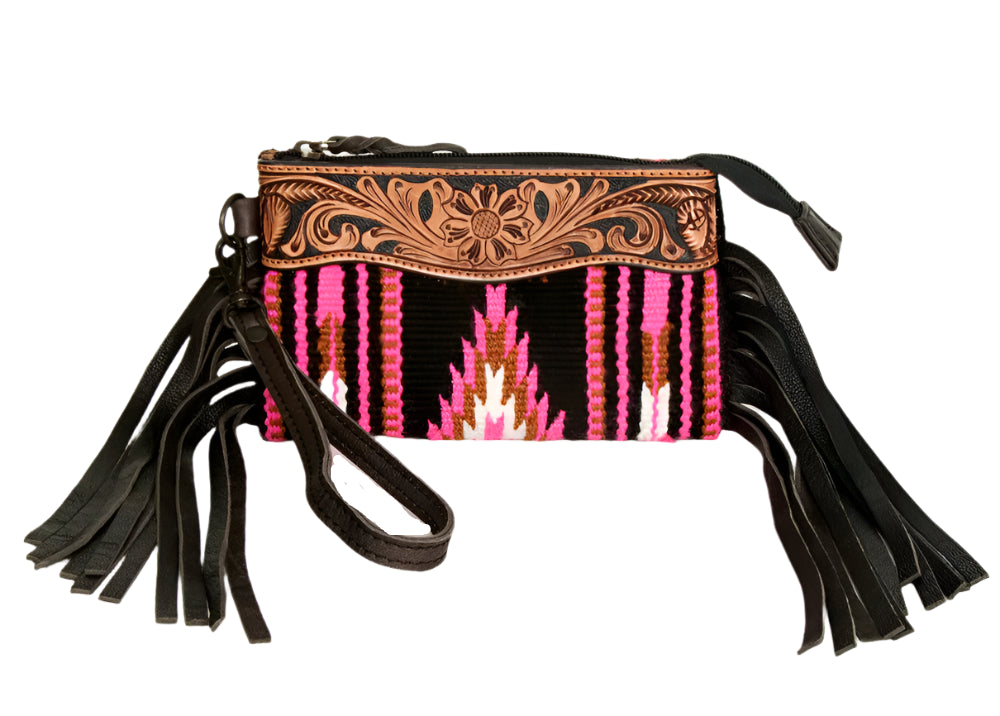 AMERICAN DARLING AZTEC & TOOLED LEATHER CLUTCH WITH FRINGE - PINK
