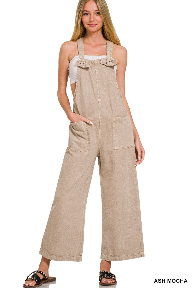 WASHED KNOT STRAP POCKETS JUMPSUIT in ASH MOCHA