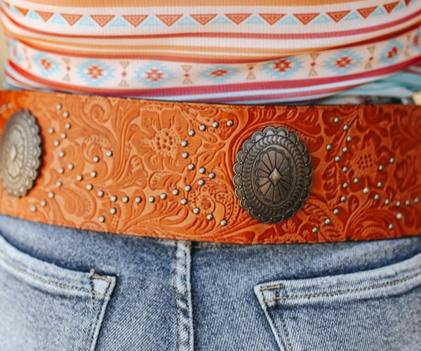 COGNAC TOOLED LEATHER STUDDED WIDE CONCHO BELT